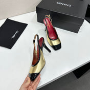 CHANEL 26S HIGH HEEL SLINGBACK IN GOLD LAMBSKIN AND BLACK PATENT CALFSKIN
