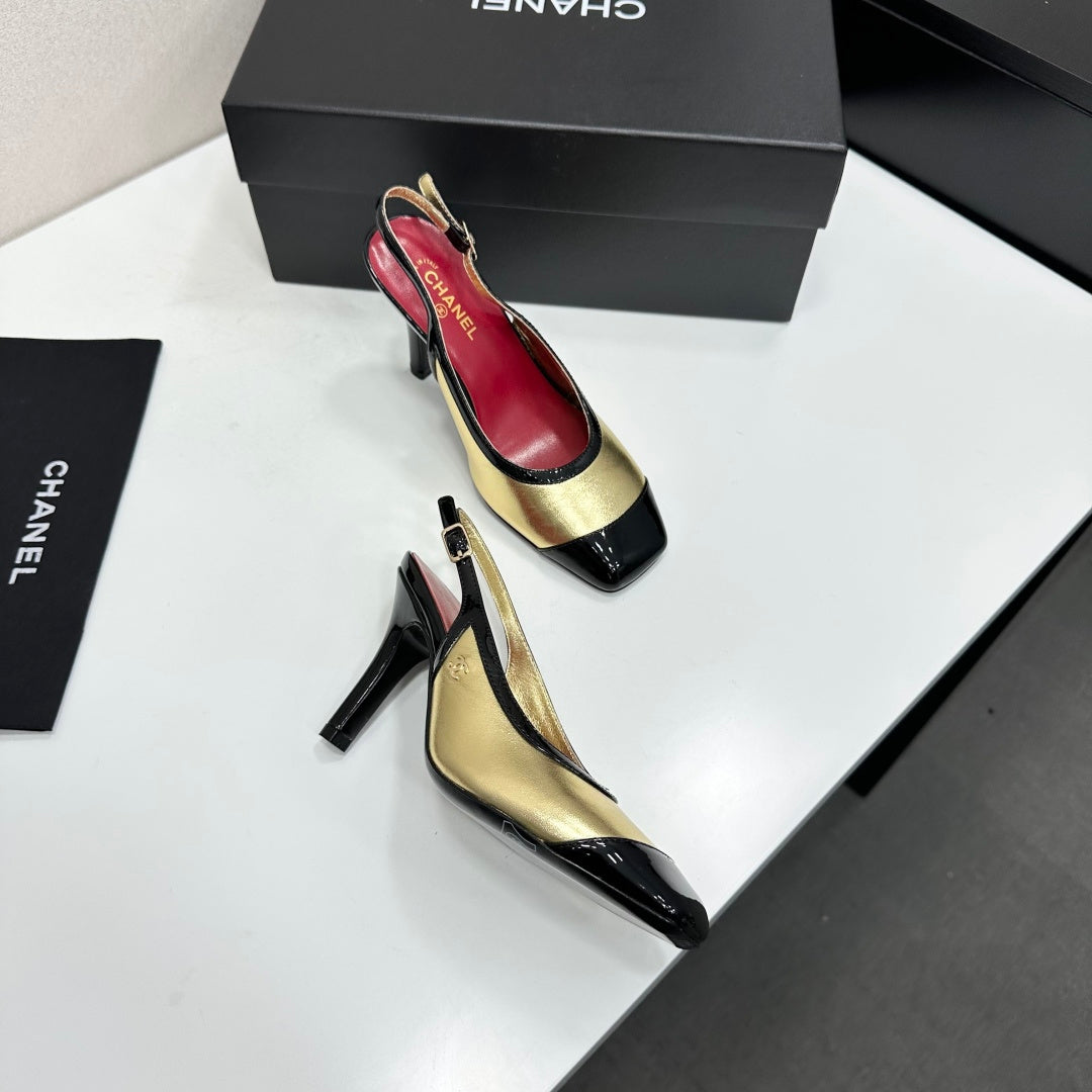CHANEL 26S HIGH HEEL SLINGBACK IN GOLD LAMBSKIN AND BLACK PATENT CALFSKIN