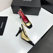 CHANEL 26S HIGH HEEL SLINGBACK IN GOLD LAMBSKIN AND BLACK PATENT CALFSKIN