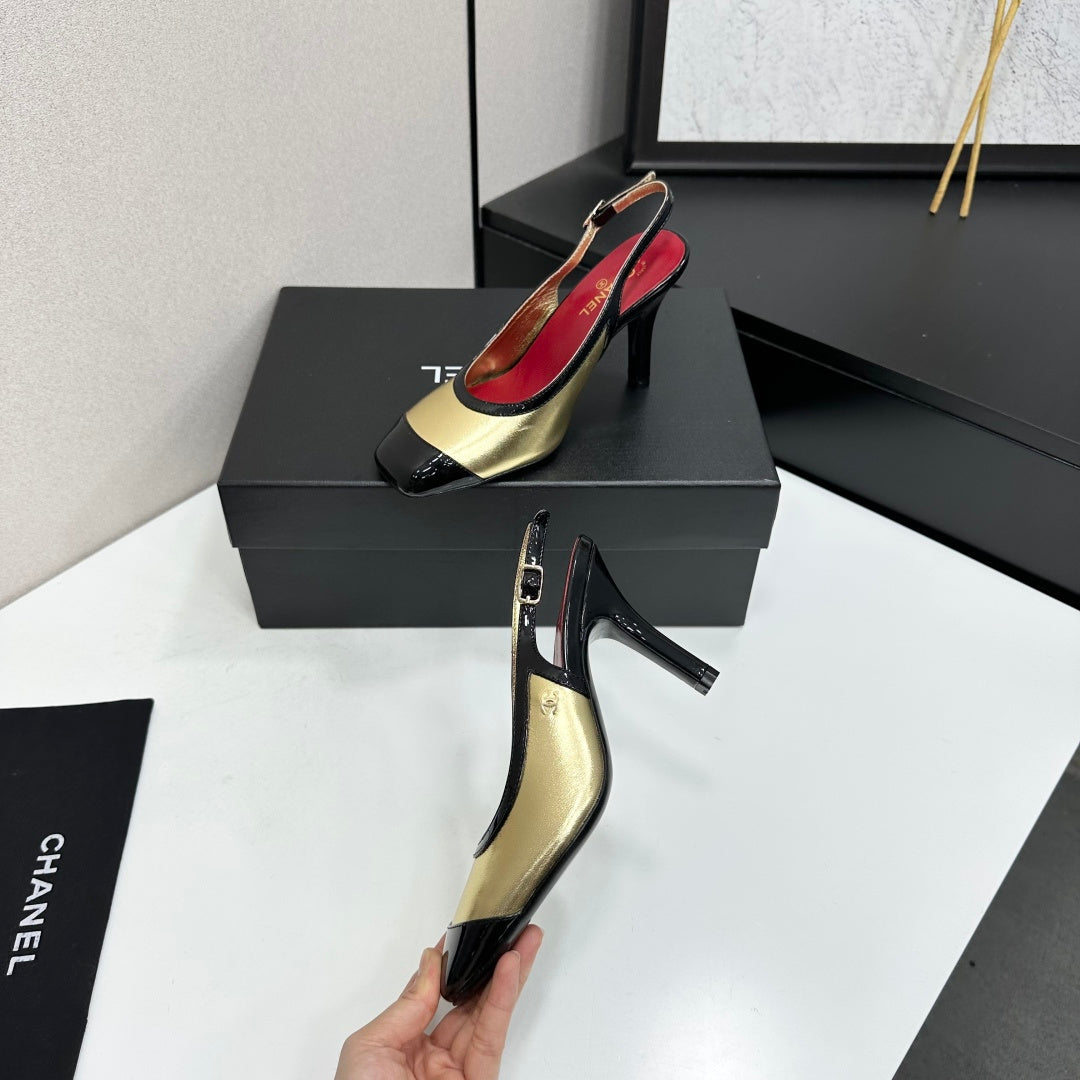 CHANEL 26S HIGH HEEL SLINGBACK IN GOLD LAMBSKIN AND BLACK PATENT CALFSKIN