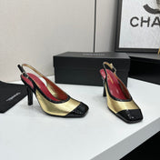 CHANEL 26S HIGH HEEL SLINGBACK IN GOLD LAMBSKIN AND BLACK PATENT CALFSKIN