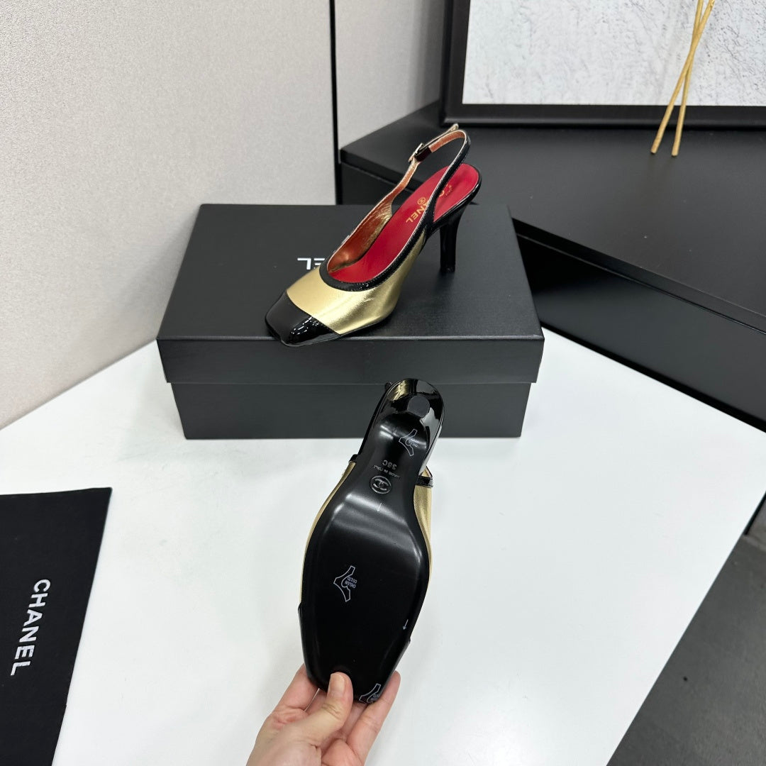 CHANEL 26S HIGH HEEL SLINGBACK IN GOLD LAMBSKIN AND BLACK PATENT CALFSKIN