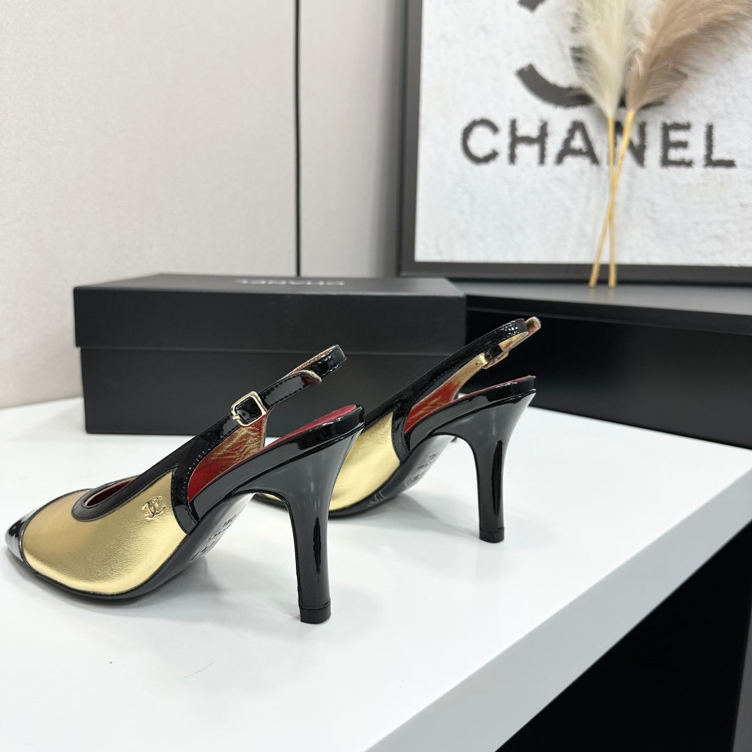 CHANEL 26S HIGH HEEL SLINGBACK IN GOLD LAMBSKIN AND BLACK PATENT CALFSKIN