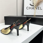 CHANEL 26S HIGH HEEL SLINGBACK IN GOLD LAMBSKIN AND BLACK PATENT CALFSKIN