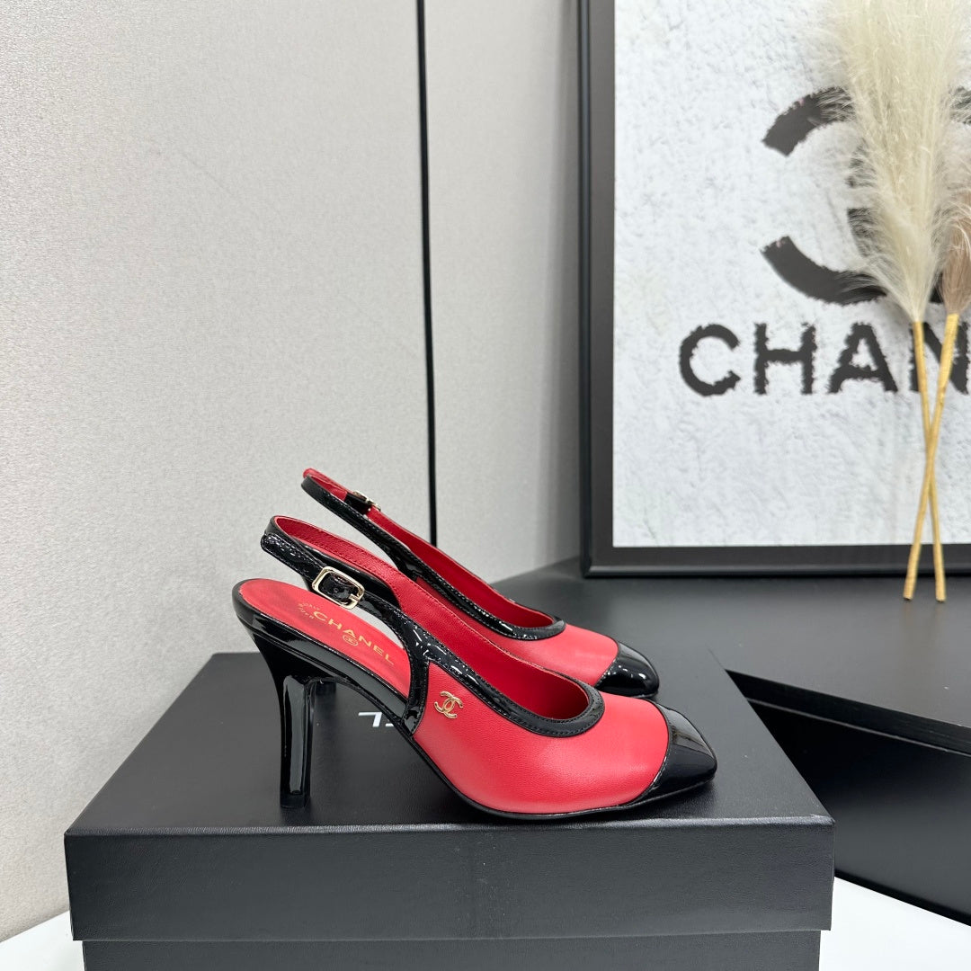 CHANEL 26S HIGH HEEL SLINGBACK IN RED LAMBSKIN AND BLACK PATENT CALFSKIN