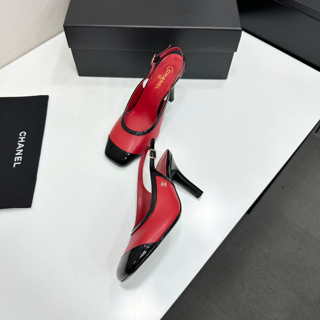 CHANEL 26S HIGH HEEL SLINGBACK IN RED LAMBSKIN AND BLACK PATENT CALFSKIN