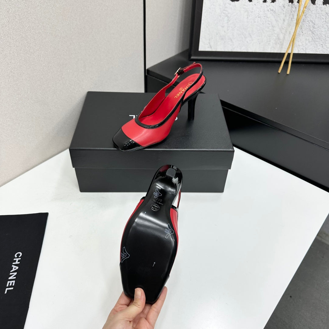 CHANEL 26S HIGH HEEL SLINGBACK IN RED LAMBSKIN AND BLACK PATENT CALFSKIN