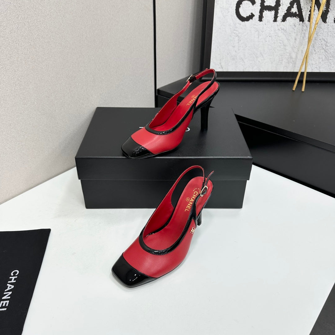 CHANEL 26S HIGH HEEL SLINGBACK IN RED LAMBSKIN AND BLACK PATENT CALFSKIN