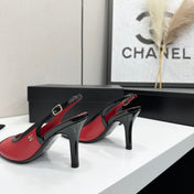CHANEL 26S HIGH HEEL SLINGBACK IN RED LAMBSKIN AND BLACK PATENT CALFSKIN