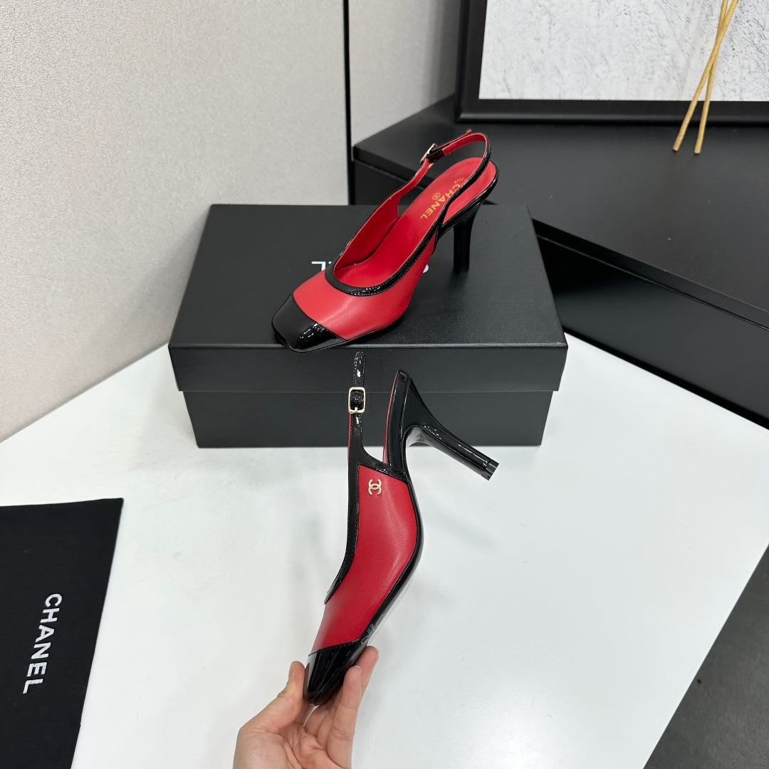 CHANEL 26S HIGH HEEL SLINGBACK IN RED LAMBSKIN AND BLACK PATENT CALFSKIN