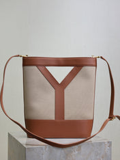 YSL 25S Y SMALL BUCKET 29 IN DESERT DUST AND BRICK CANVAS GOLD HARDWRE
