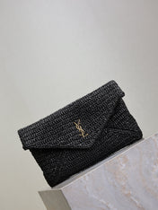 YSL 25S CASSANDRE LARGE ENVELOPE POUCH 29 IN BLACK RAFFIA GOLD HARDWARE