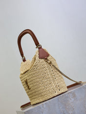 YSL 25S GABY BUCKET BAG 19 IN RAFFIA AND CALFSKIN GOLD HARDWRE