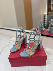 VALENTINO 26S STUDDED HIGH HEEL SANDALS 90 MM IN SKY BLUE CALFSKIN