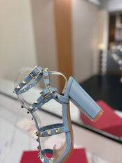 VALENTINO 26S STUDDED HIGH HEEL SANDALS 90 MM IN SKY BLUE CALFSKIN