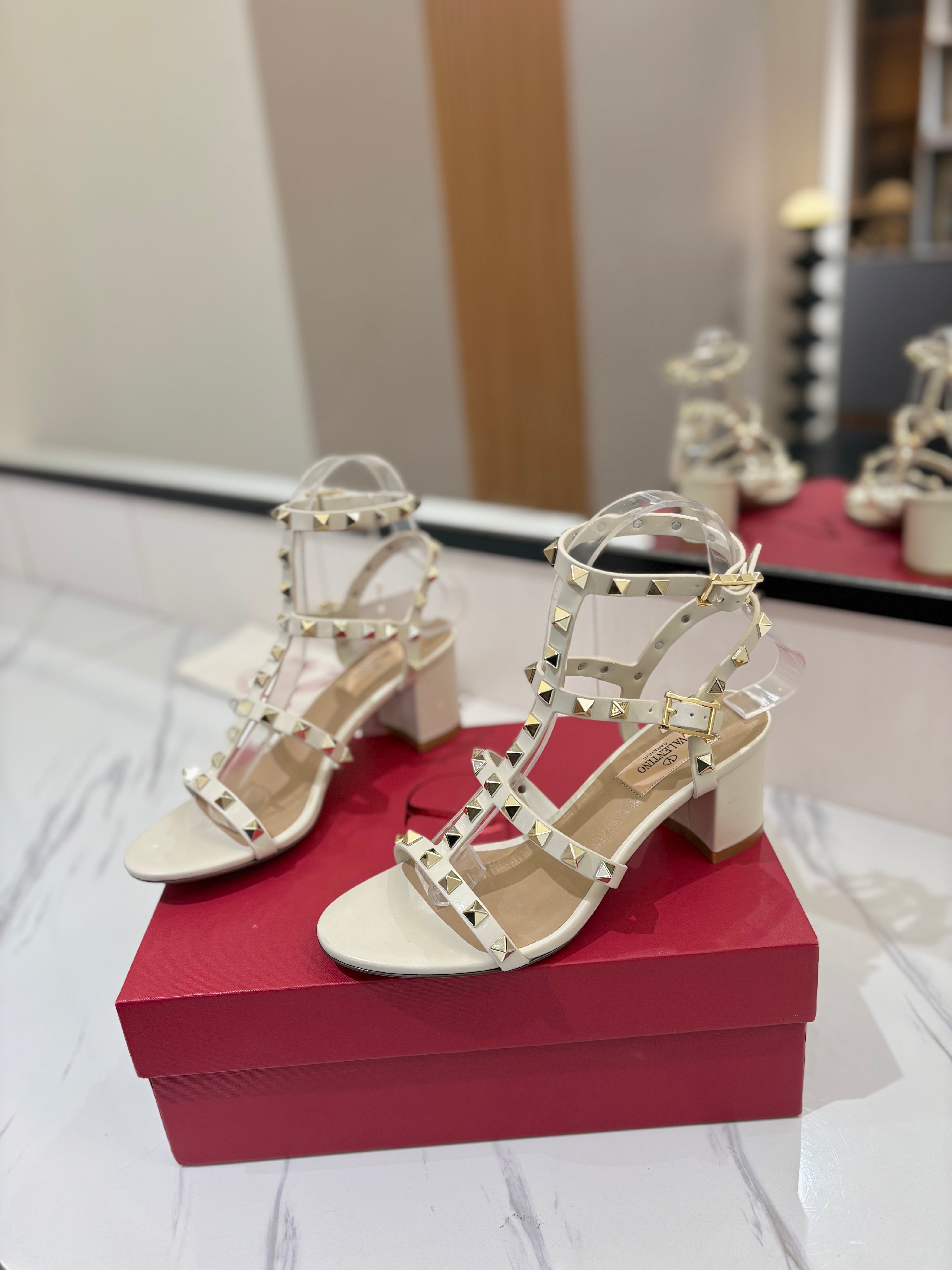 VALENTINO 26S STUDDED HIGH HEEL SANDALS 65 MM IN CREAM WHITE CALFSKIN