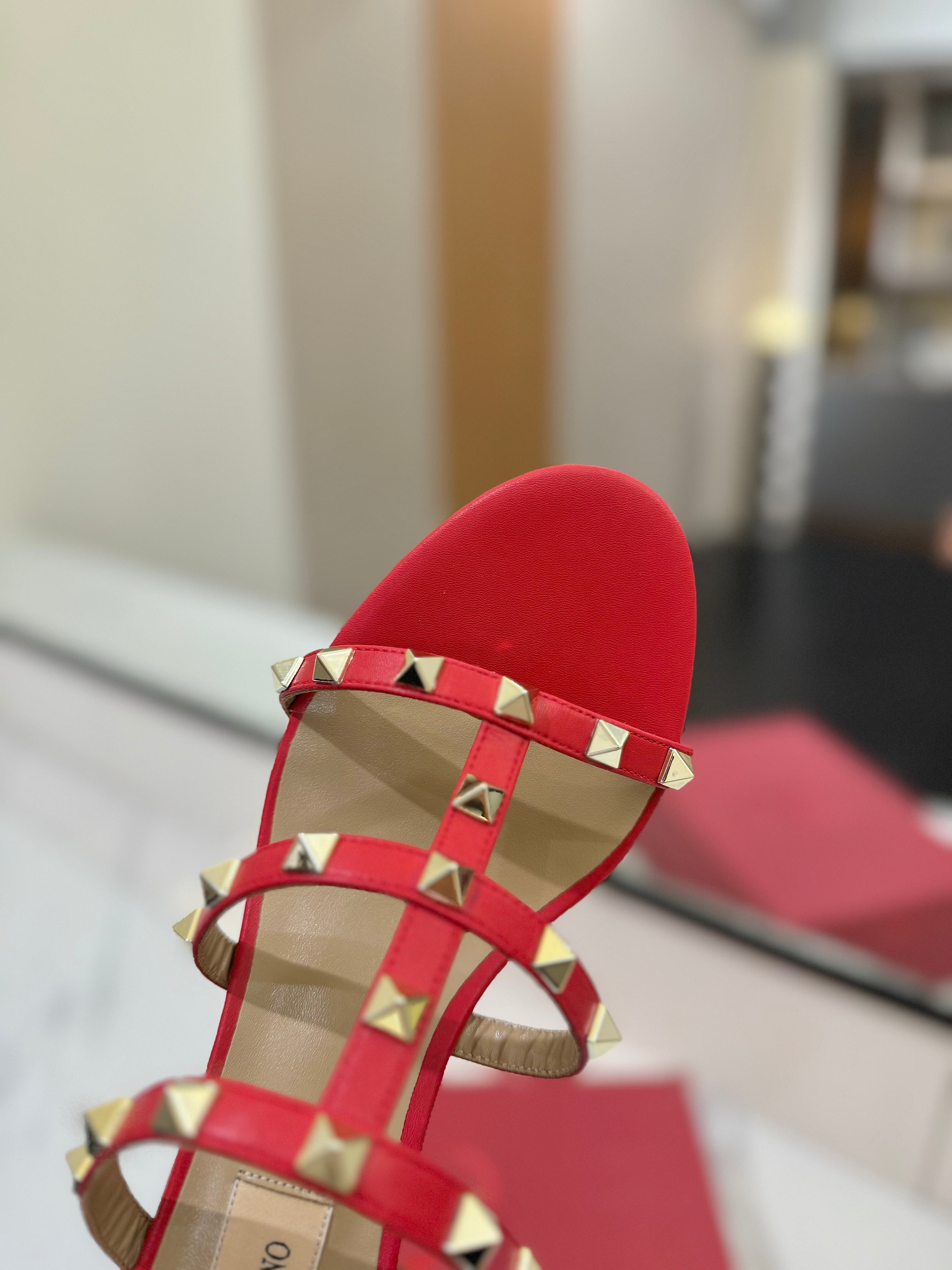 VALENTINO 26S HEELED SANDALS 60 MM IN RED CALFSKIN WITH GOLD STUDS