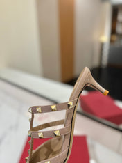 VALENTINO 26S STUDDED HEELED MULES 50 MM IN NUDE PATENT CALFSKIN