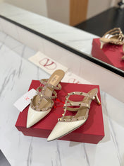 VALENTINO 26S STUDDED HEELED MULES 50 MM IN WHITE PATENT CALFSKIN