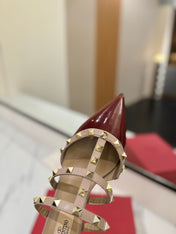 VALENTINO 26S STUDDED HEELED MULES 50 MM IN DARK RED PATENT CALFSKIN