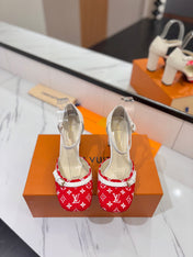 HIGH SANDALS 8 CM IN CHERRY RED MONOGRAM DENIM AND WHITE CALFSKIN