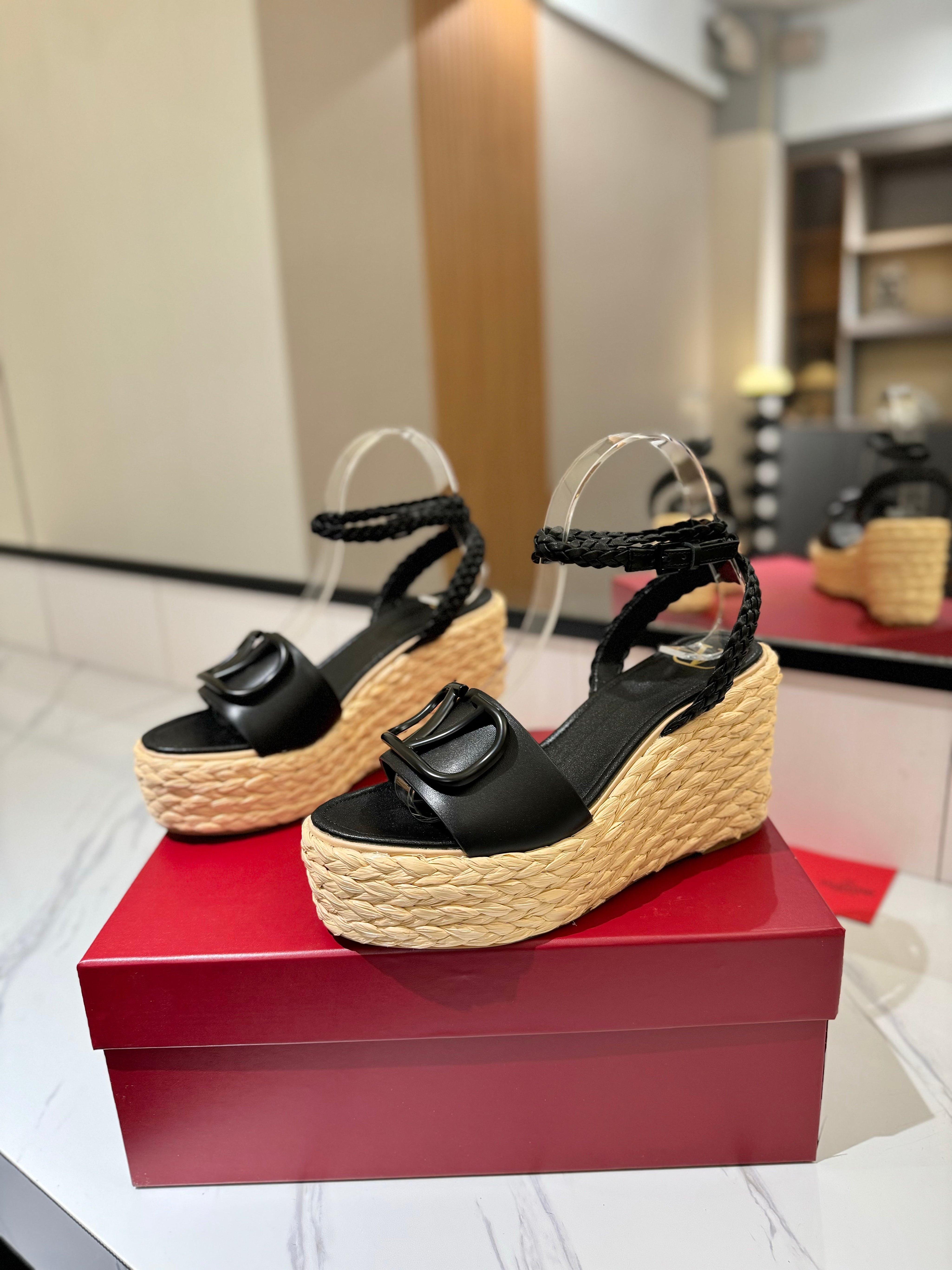 VLTN ESPADRILLE WEDGE SANDALS 25S 90 MM IN BLACK LAMBSKIN STYLE 10