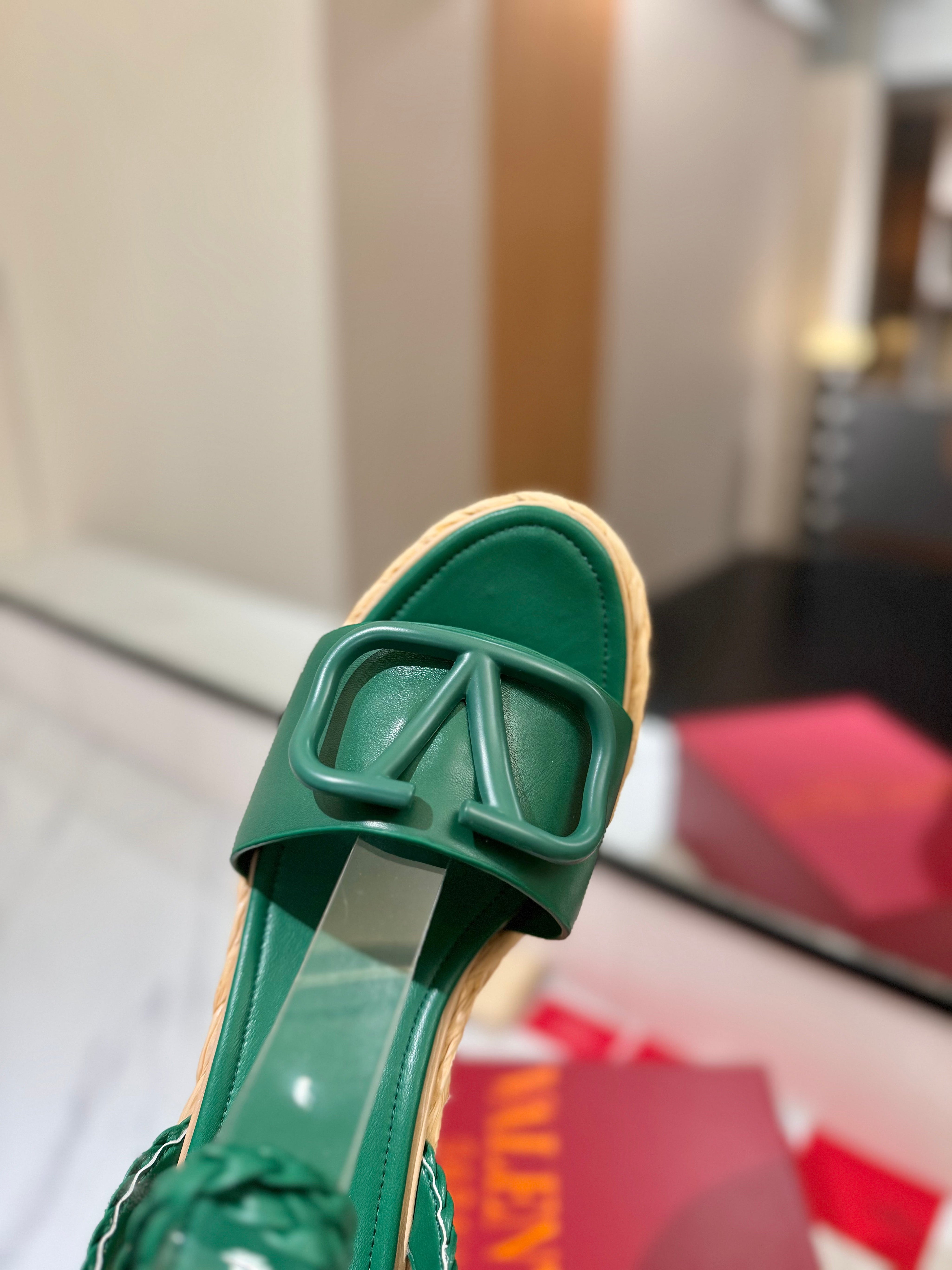 VLTN ESPADRILLE WEDGE SANDALS 25S 90 MM IN DARK GREEN LAMBSKIN STYLE 6