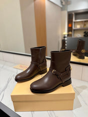 VALENTINO 25S PATTIE ANKLE BOOTS IN DARK BROWN CALFSKIN WITH GOLD HARDWARE