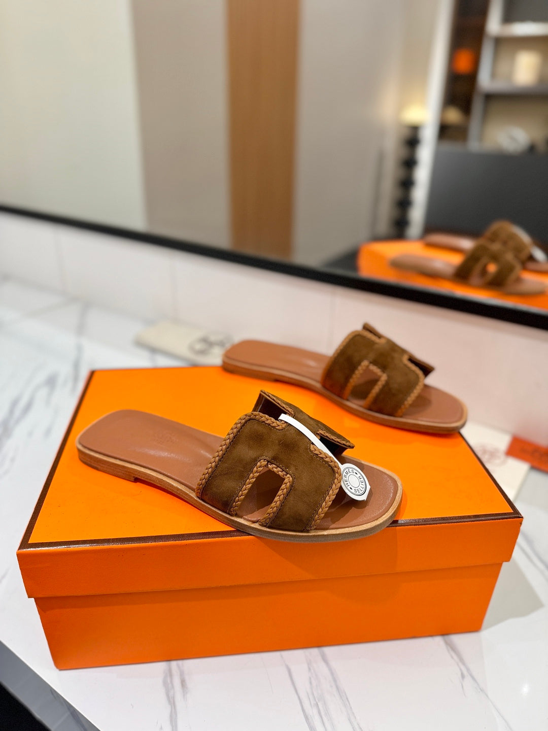 HM 26S ORAN SANDALS IN CARAMEL BROWN SUEDE WITH TAN BOWN BRAIDED TRIM