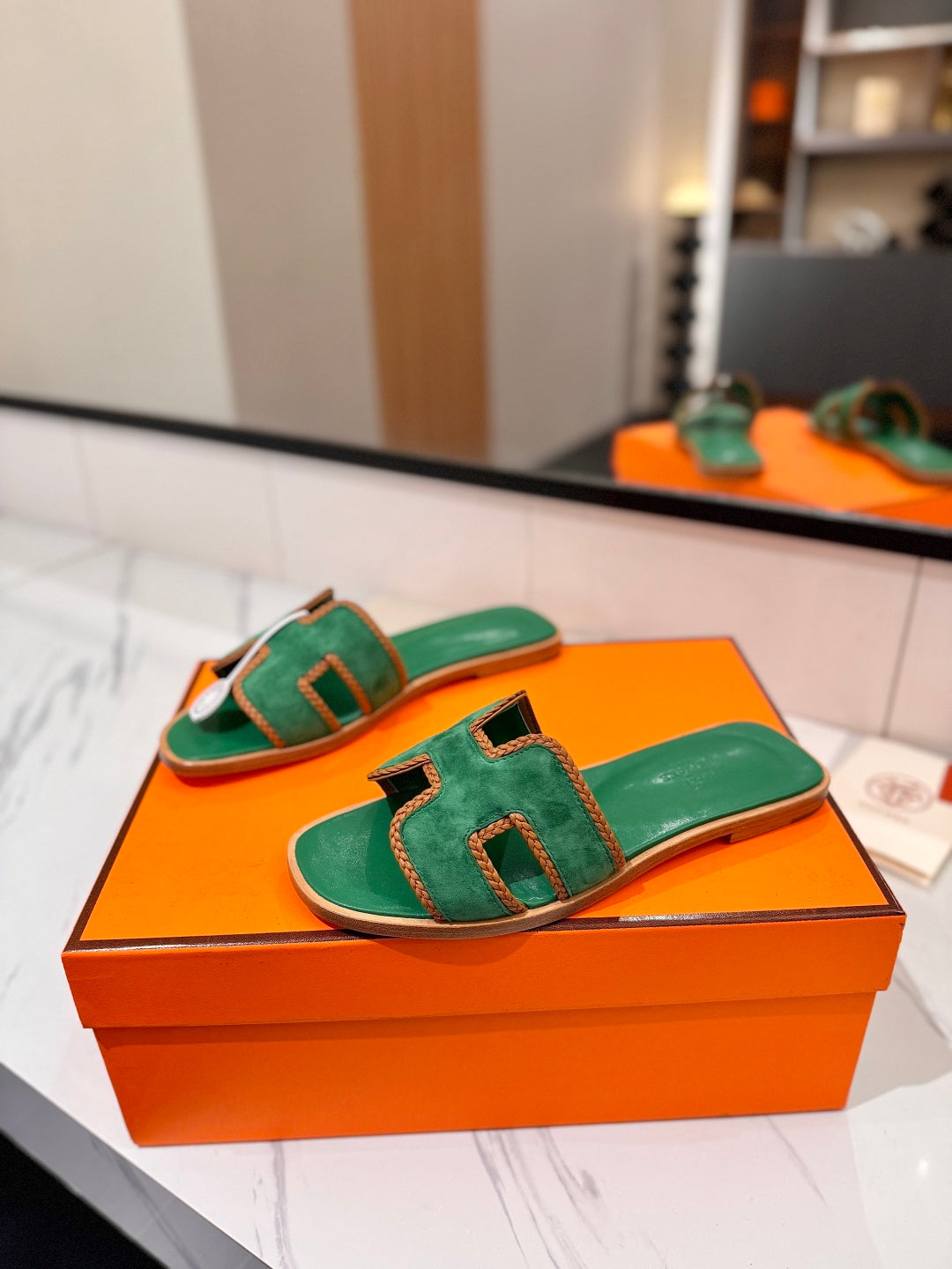 HM 26S ORAN SANDALS IN GREEN SUEDE WITH TAN BOWN BRAIDED TRIM