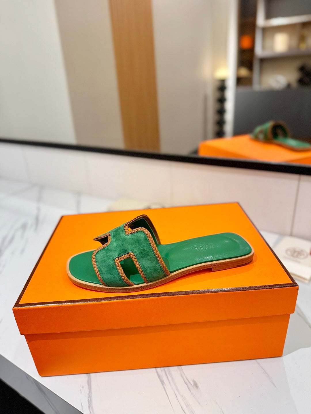 HM 26S ORAN SANDALS IN GREEN SUEDE WITH TAN BOWN BRAIDED TRIM