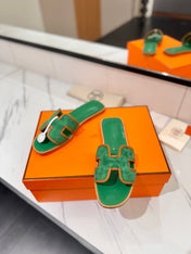 HM 26S ORAN SANDALS IN GREEN SUEDE WITH TAN BOWN BRAIDED TRIM