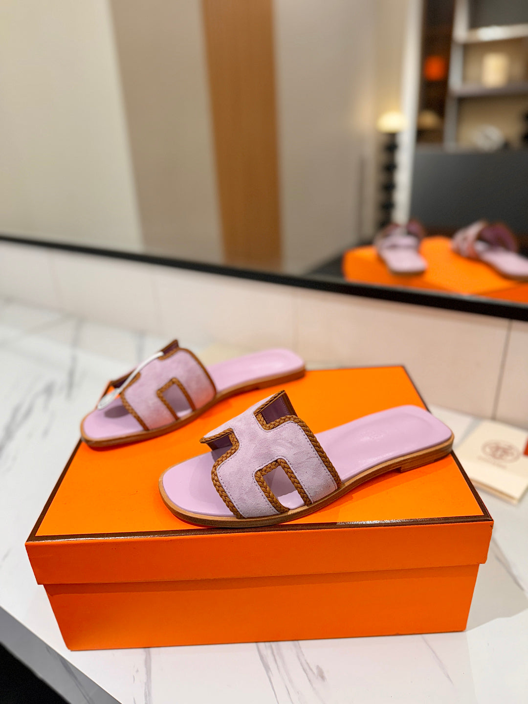 HM 26S ORAN SANDALS IN LIGHT PURPLE SUEDE WITH TAN BOWN BRAIDED TRIM