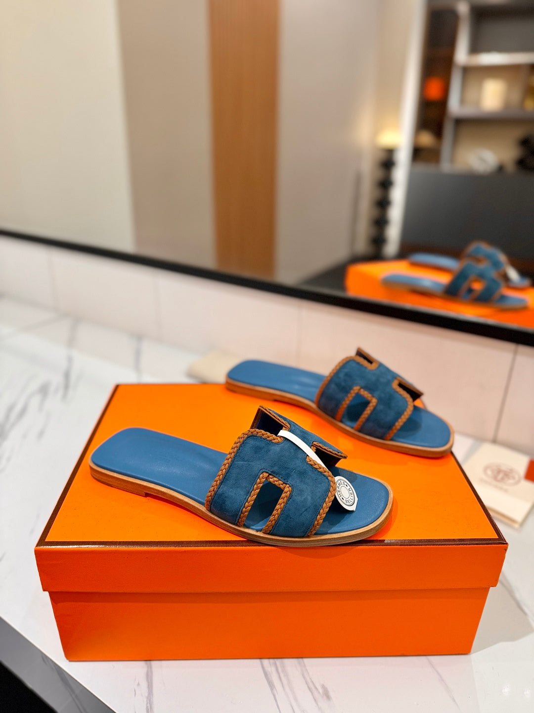 HM 26S ORAN SANDALS IN BLUE SUEDE WITH TAN BOWN BRAIDED TRIM