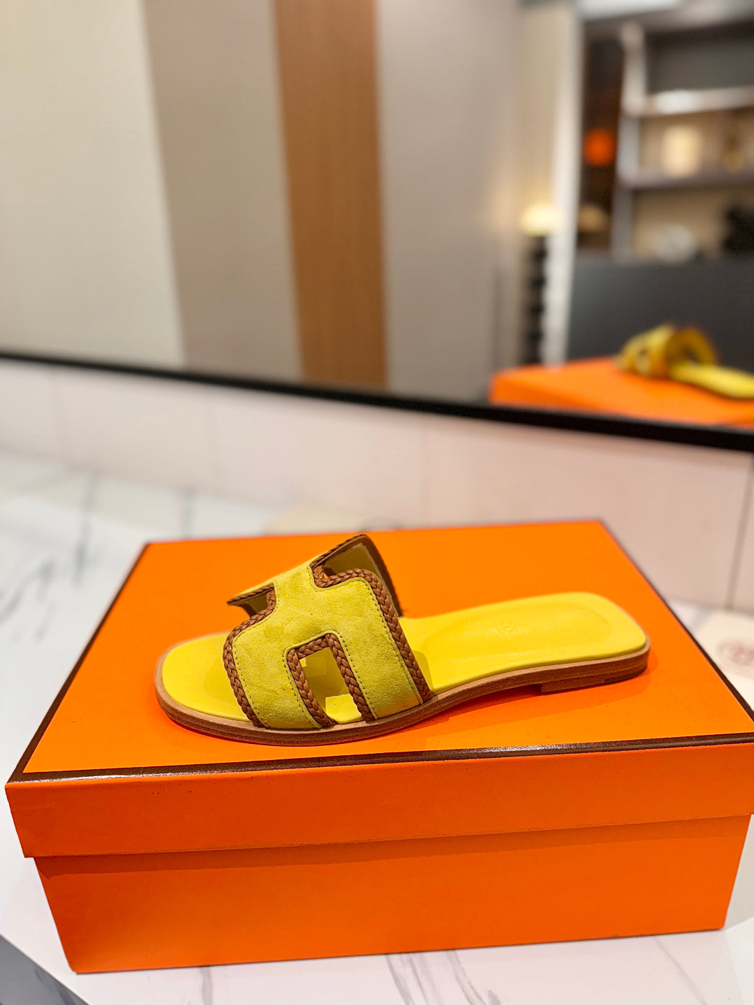 HM 26S ORAN SANDALS IN YELLOW SUEDE WITH TAN BOWN BRAIDED TRIM