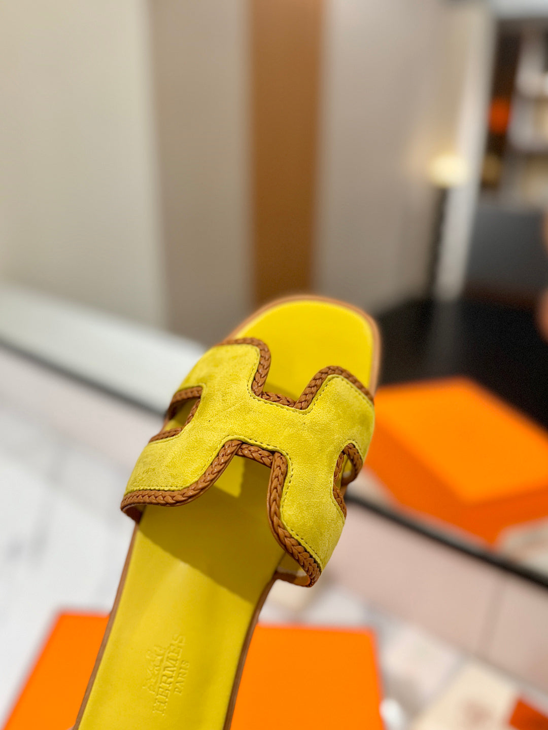 HM 26S ORAN SANDALS IN YELLOW SUEDE WITH TAN BOWN BRAIDED TRIM