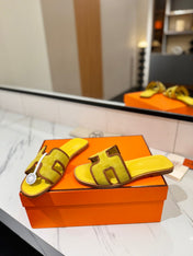 HM 26S ORAN SANDALS IN YELLOW SUEDE WITH TAN BOWN BRAIDED TRIM