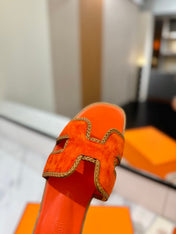 HM 26S ORAN SANDALS IN ORANGE SUEDE WITH TAN BOWN BRAIDED TRIM