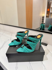 YSL 26S HEELED SANDALS 100 MM IN EMERALD GREEN FABRIC
