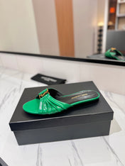 YSL 26S BABYLONE FLAT MULES IN GREEN LAMBSKIN