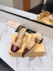 VALENTINO 26S HEELED SLINGBACKS 60 MM IN BEIGE AND BURGUNDY CALFSKIN