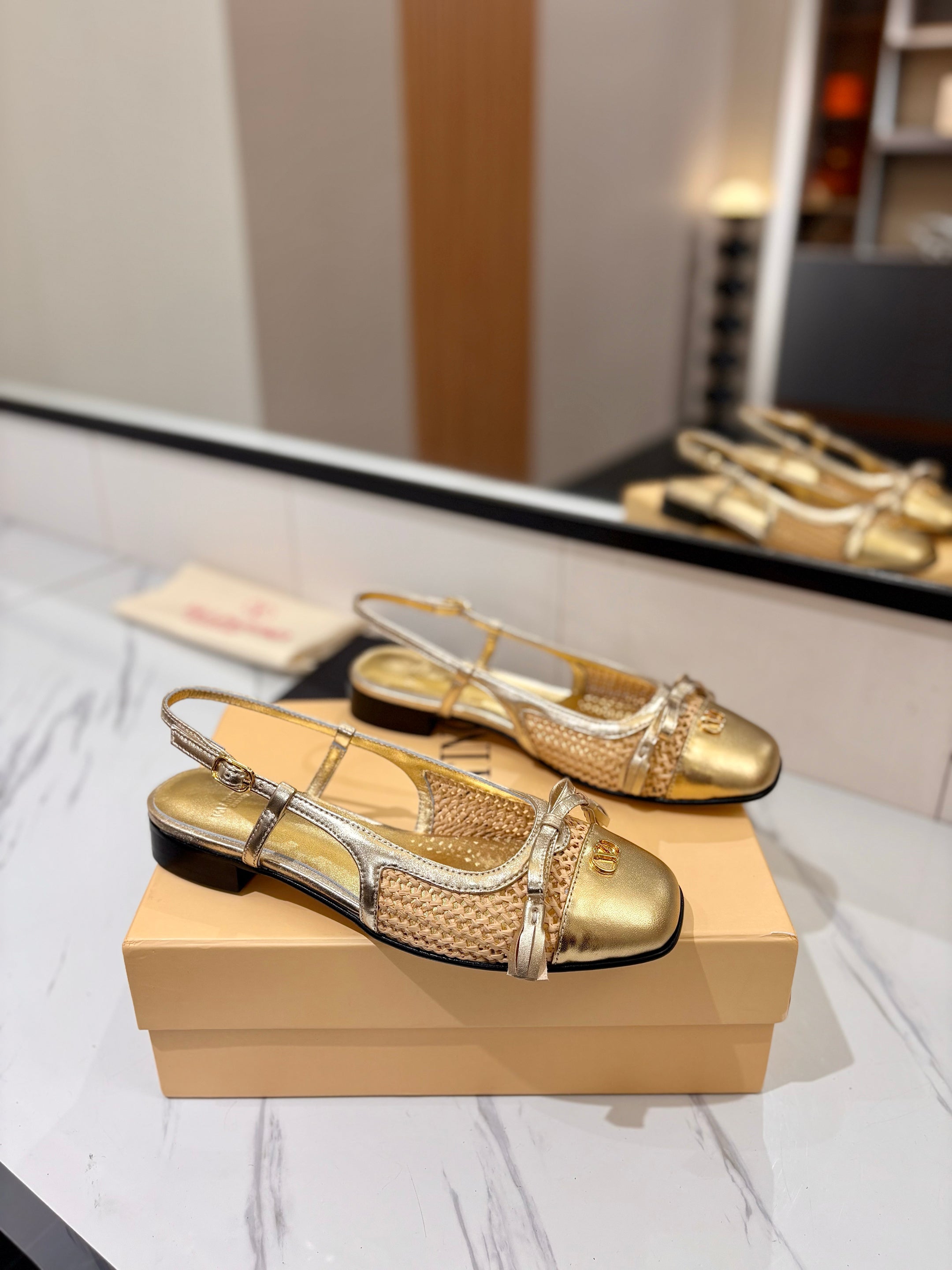VALENTINO 26S SLINGBACK FLATS IN METALLIC GOLD CALFSKIN
