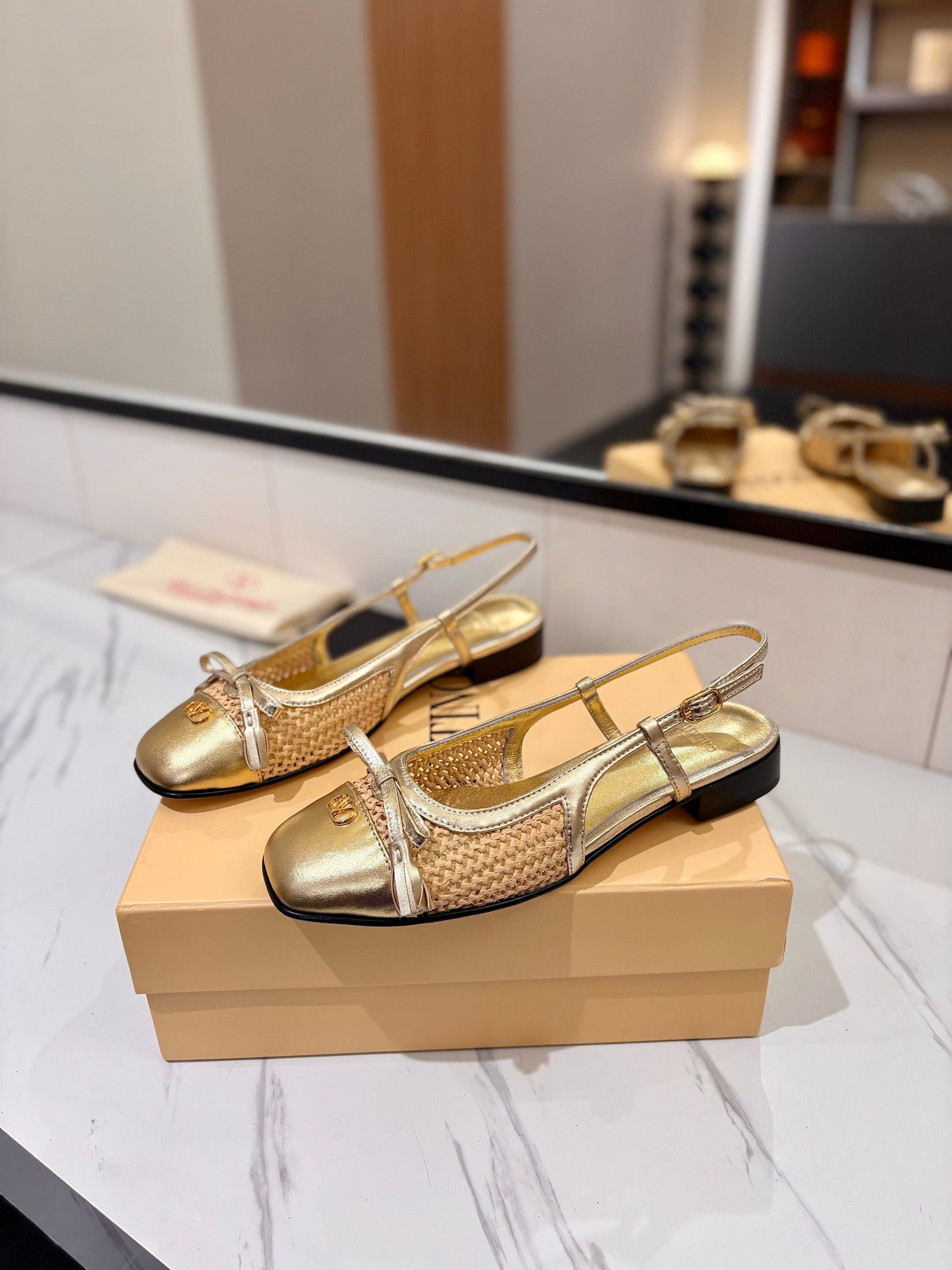 VALENTINO 26S SLINGBACK FLATS IN METALLIC GOLD CALFSKIN