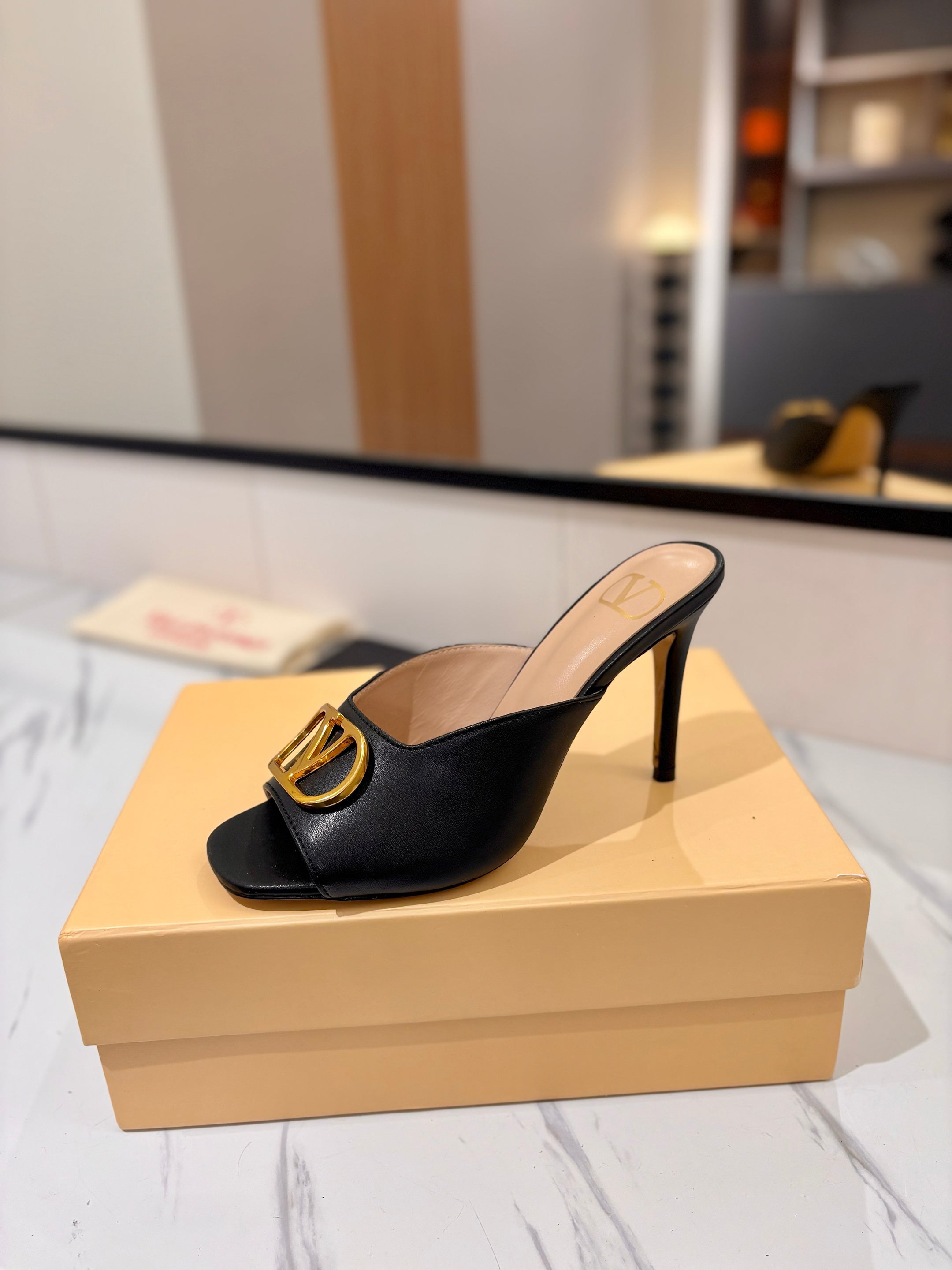 VALENTINO 26S HEEL SANDALS 100 MM IN BLACK CALFSKIN WITH GOLD HARDWARE