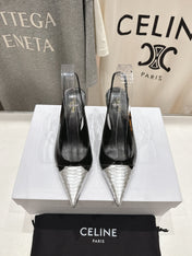 JUDY CAP TOE SLINGBACK 65MM IN BLACK SHINY CALFSKIN AND SILVER SNAKE EMBOSSED LEATHER