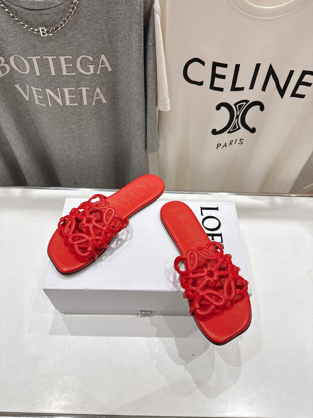 LOEWE 26S PETAL ANAGRAM SLIDE IN DARK RED CALFSKIN