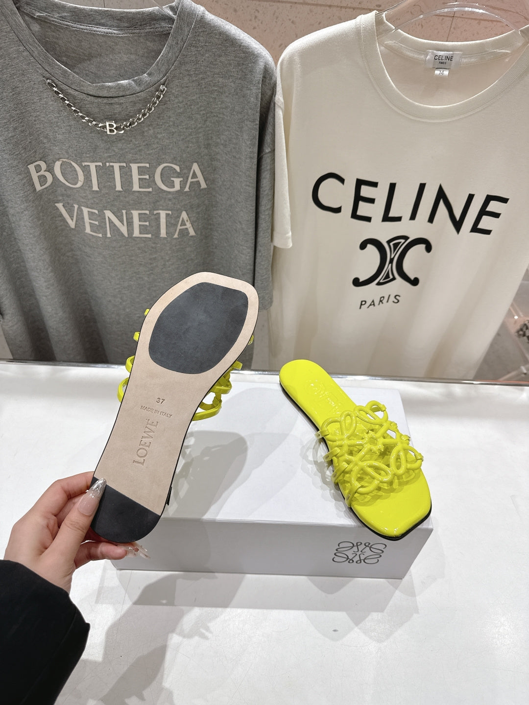LOEWE 26S PETAL ANAGRAM SLIDE IN LEMON YELLOW CALFSKIN