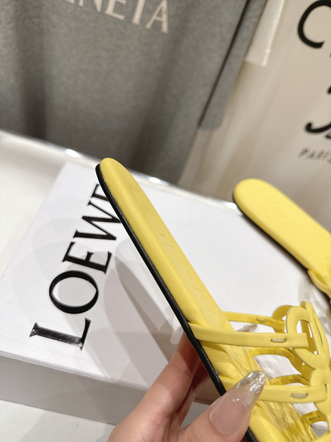 LOEWE 26S PETAL ANAGRAM SLIDE IN YELLOW CALFSKIN
