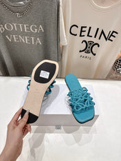 LOEWE 26S PETAL ANAGRAM SLIDE IN TEAL BLUE CALFSKIN