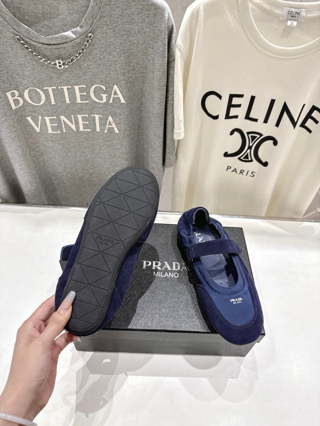PRADA 25S COLLAPSE RE NYLON AND SUEDE BALLERINAS IN DARK BLUE